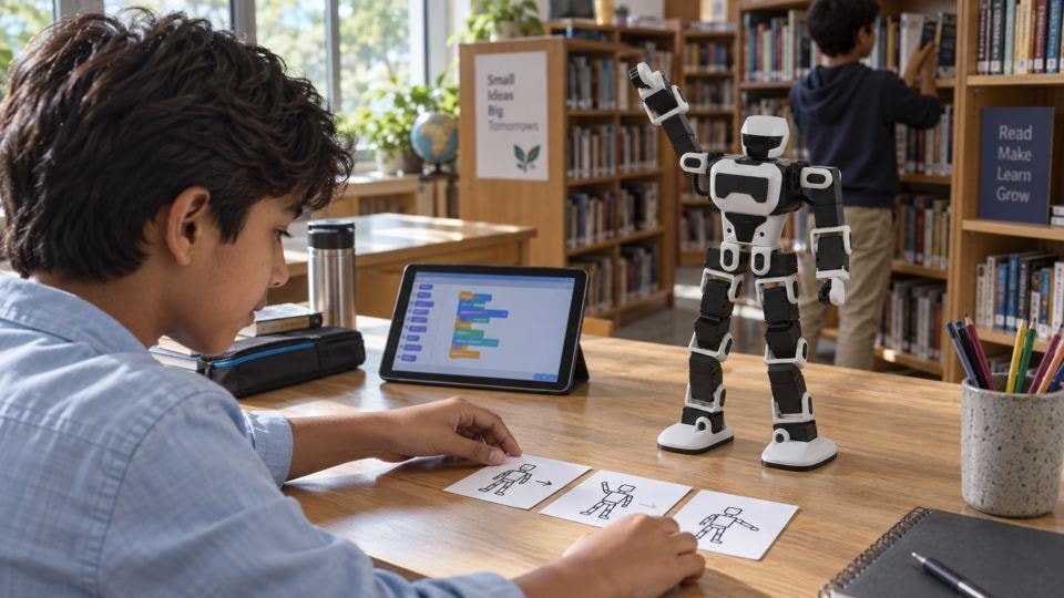 学生在图书馆用平板图形化编程控制 FF Nova Mini